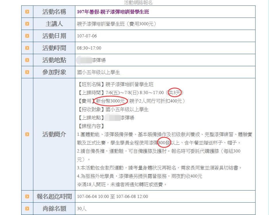 暑假高雄漆彈夏令營分析比較