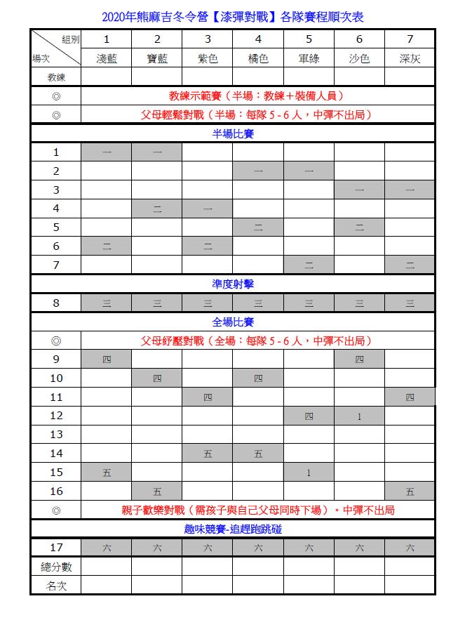 公開透明賽程-2020熊麻吉漆彈親子冬令營